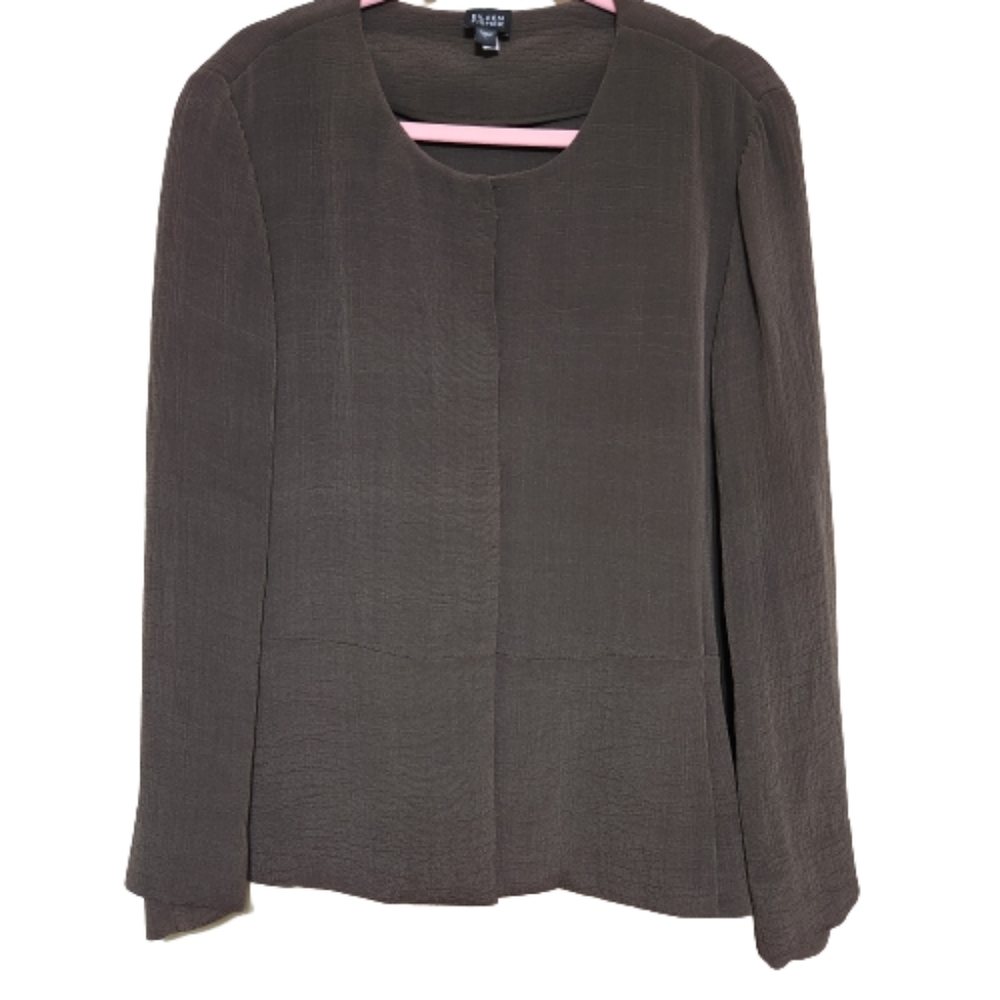 EILEEN FISHER Silk Blend Olive Brown Jacket Blazer Womens Size L #0028